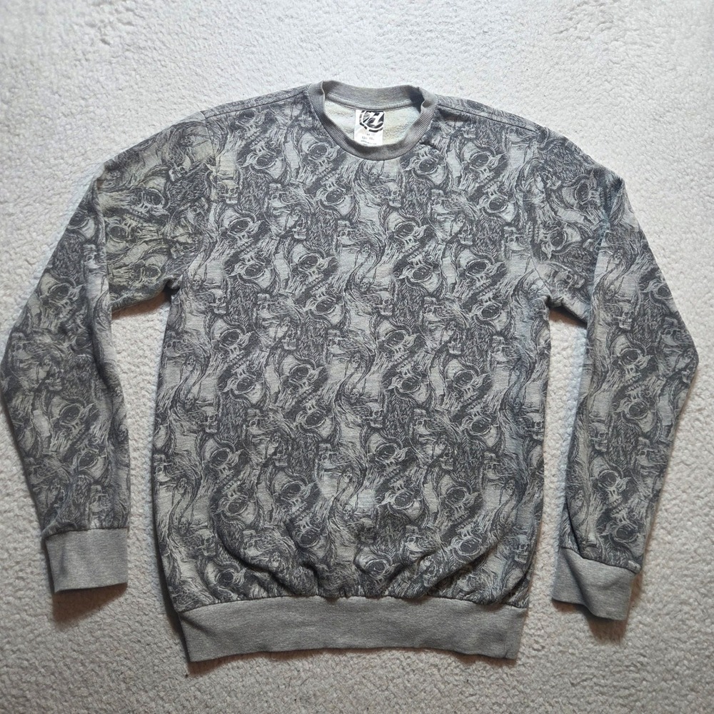 Hybrid Apparel Sweatshirt Mens M Grey Skull All Over Print Crew Neck Streetwear